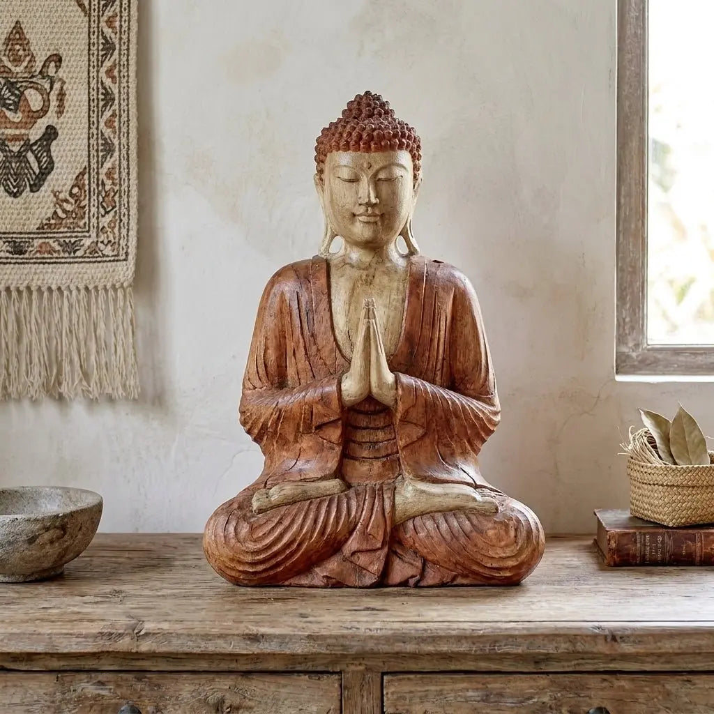 Statue Bouddha Namasté en bois de Suar 40 cm – Sculpture Artisanale (Bali)