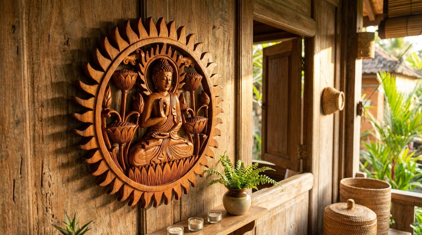 Panneau mural Bouddha et lotus 40 cm sculpté à la main en bois de Suar. Bouddha en Vitarka Mudra (enseignement), assis sur un lotus. Pièce unique artisanale indonésienne. 