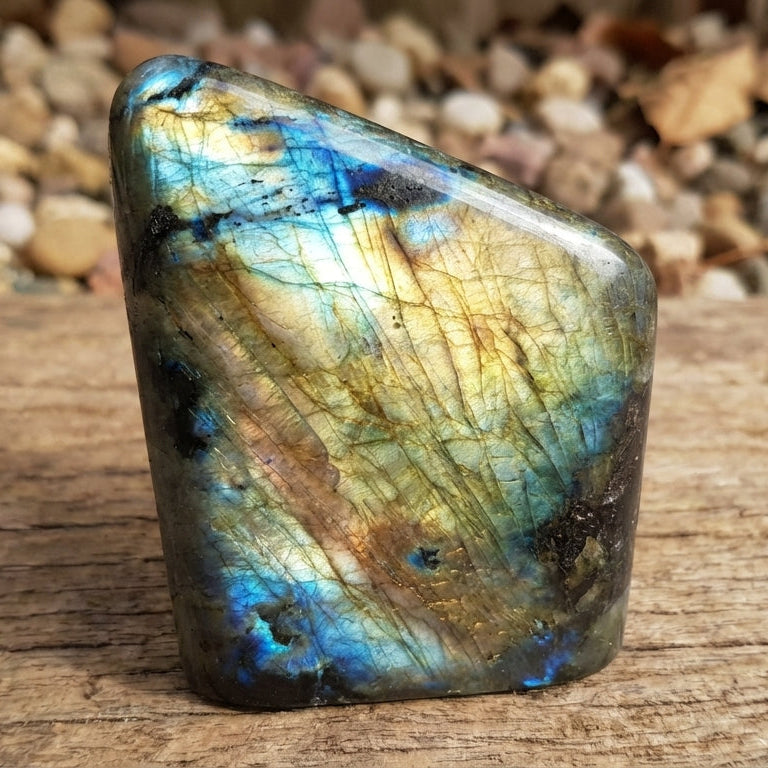 Pierre de labradorite de Madagascar polie 700g avec reflets bleus et dorés naturels.