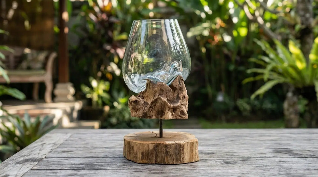 Verre en Fusion sur Bois de Gamal avec Support – Grand Bol - Pièce Unique Artisanale Bali