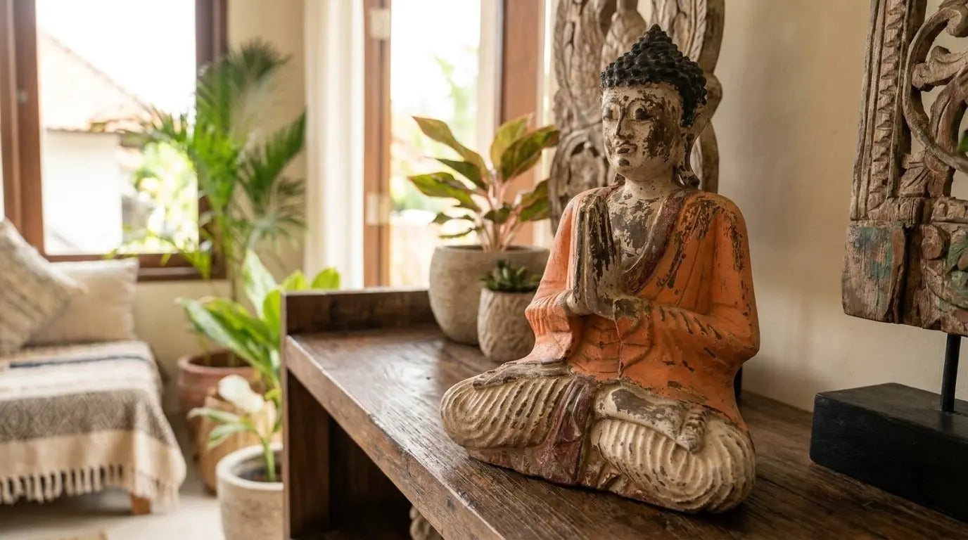 Statue de Bouddha sculptée à la main vintage orange – 30 cm – Bouddha Namasté AWGifts Dropship