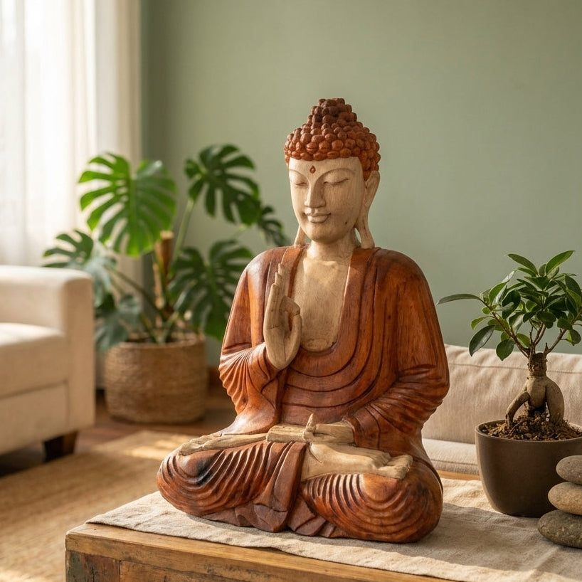 Statue de Bouddha Sculptée à la Main en bois de suar – 40 cm | Mudra Transmission d’Enseignement