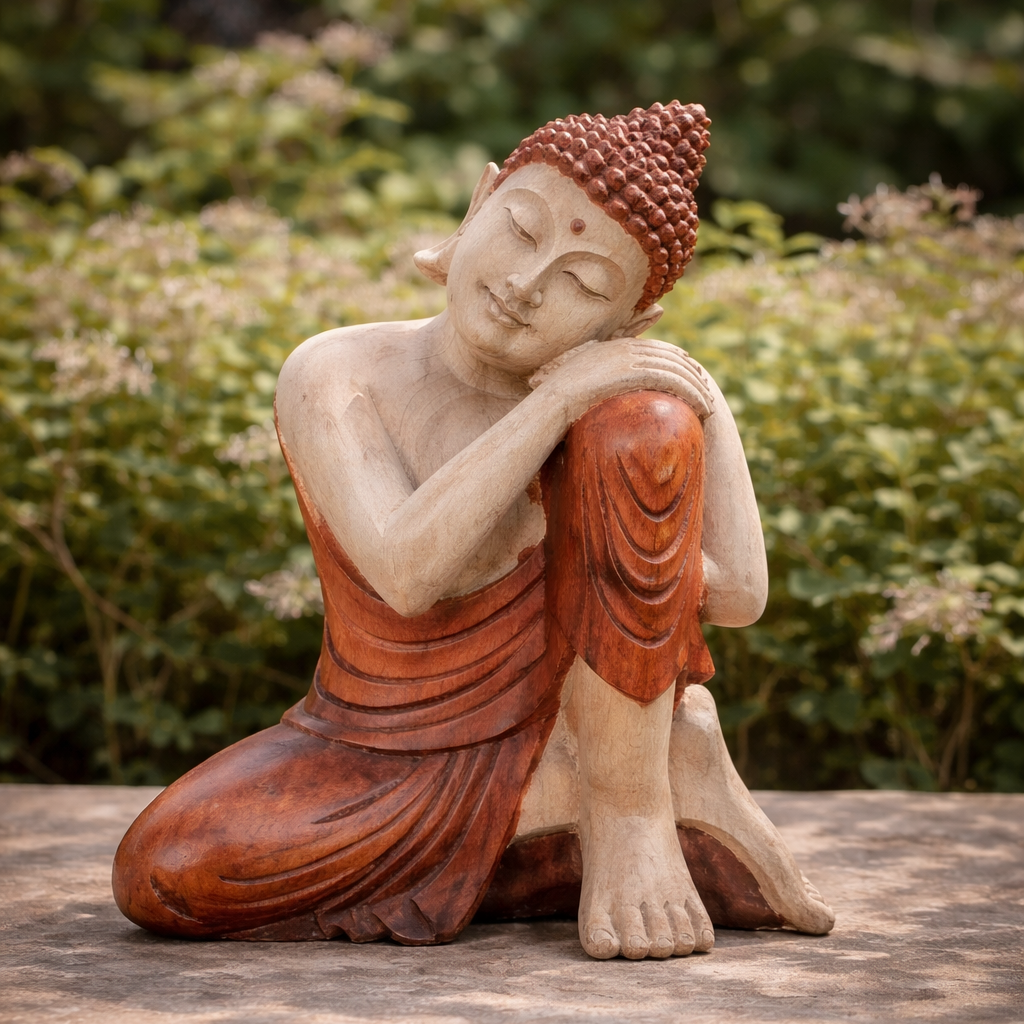 Statue de Bouddha en bois de Suar – 25 cm – Pensif