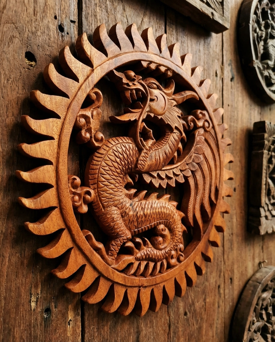 Panneau mural circulaire en bois de Suar massif sculpté main, motif Dragon de sagesse oriental entouré de flammes, décoration spirituelle artisanale indonésienne 40cm.