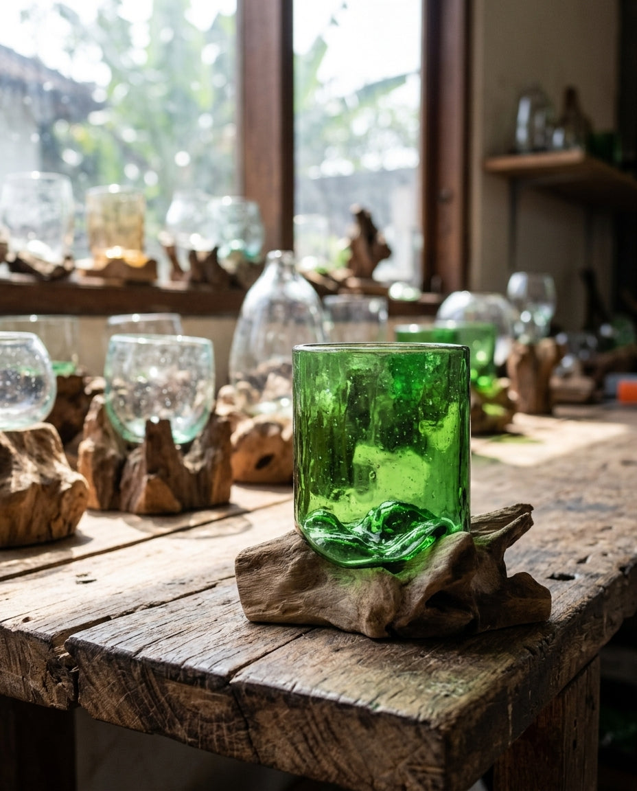 Verre décoratif fabriqué à partir d’une bouteille de bière recyclée fondue sur un socle en bois de Gamal
