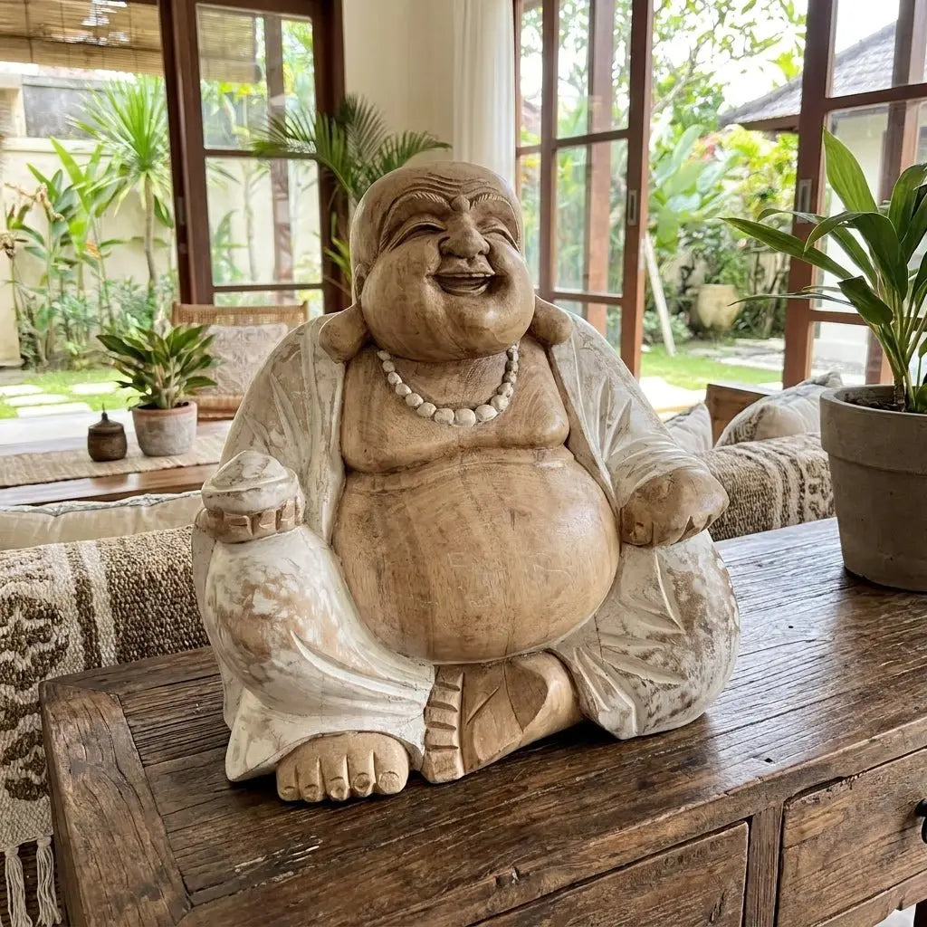 Bouddha Rieur Assis sculpté à la main en Bois de Suar - 30 cm - Bali