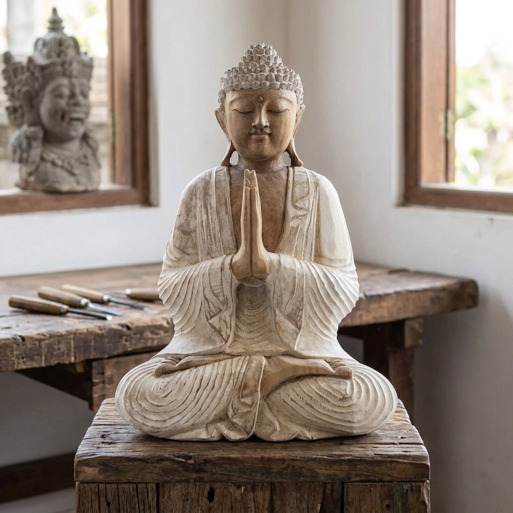Statue de Bouddha en Mudra Namasté – Bois de Suar Massif Blanchi – 40 cm (4,5 kg) 