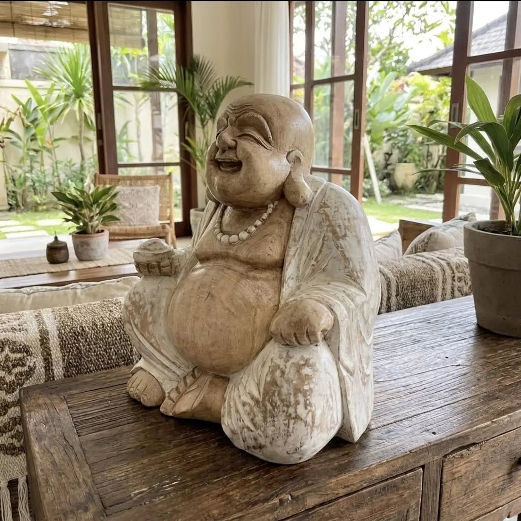 Bouddha Rieur Assis sculpté à la main en Bois de Suar - 30 cm - Bali AWGifts Dropship