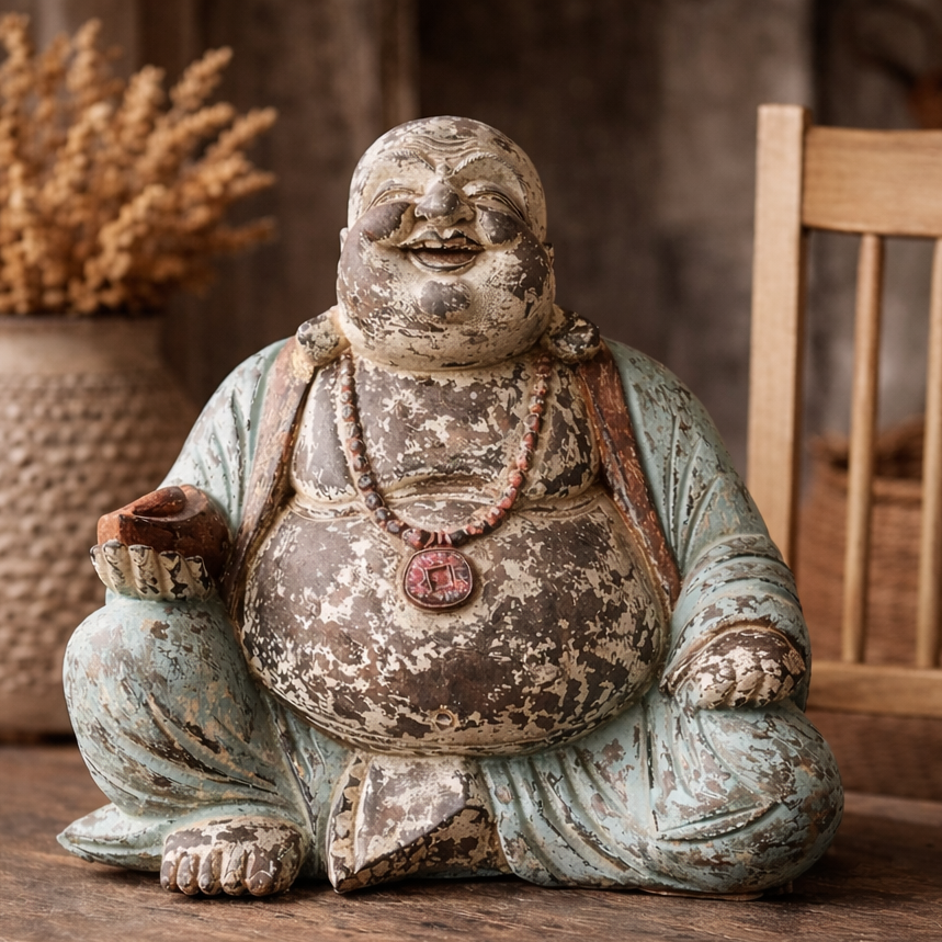 Statue de Bouddha sculptée à la main - 40 cm - Bouddha joyeux bleu vintage