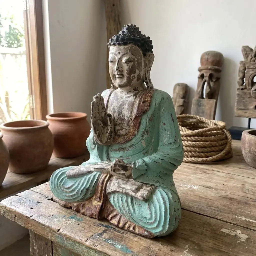Statue Bouddha Vitarka Mudra Vintage Turquoise 30 cm – Bois de Suar Bali AWGifts Dropship