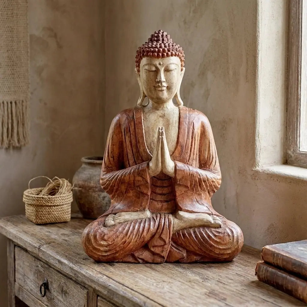 Statue Bouddha Namasté en bois de Suar 40 cm – Sculpture Artisanale (Bali)