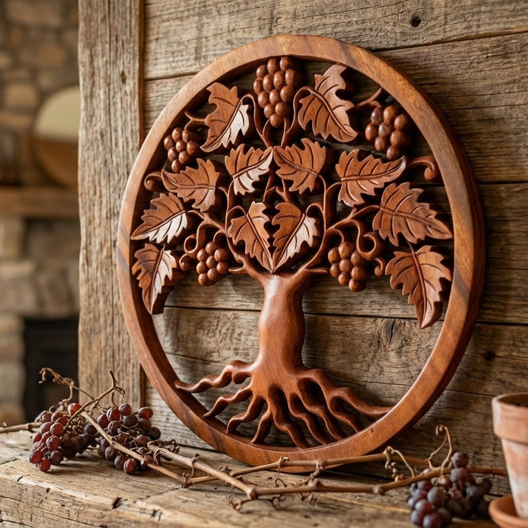 Panneau Mural Arbre de Vie "Raisins" en Bois de Suar – 40 cm