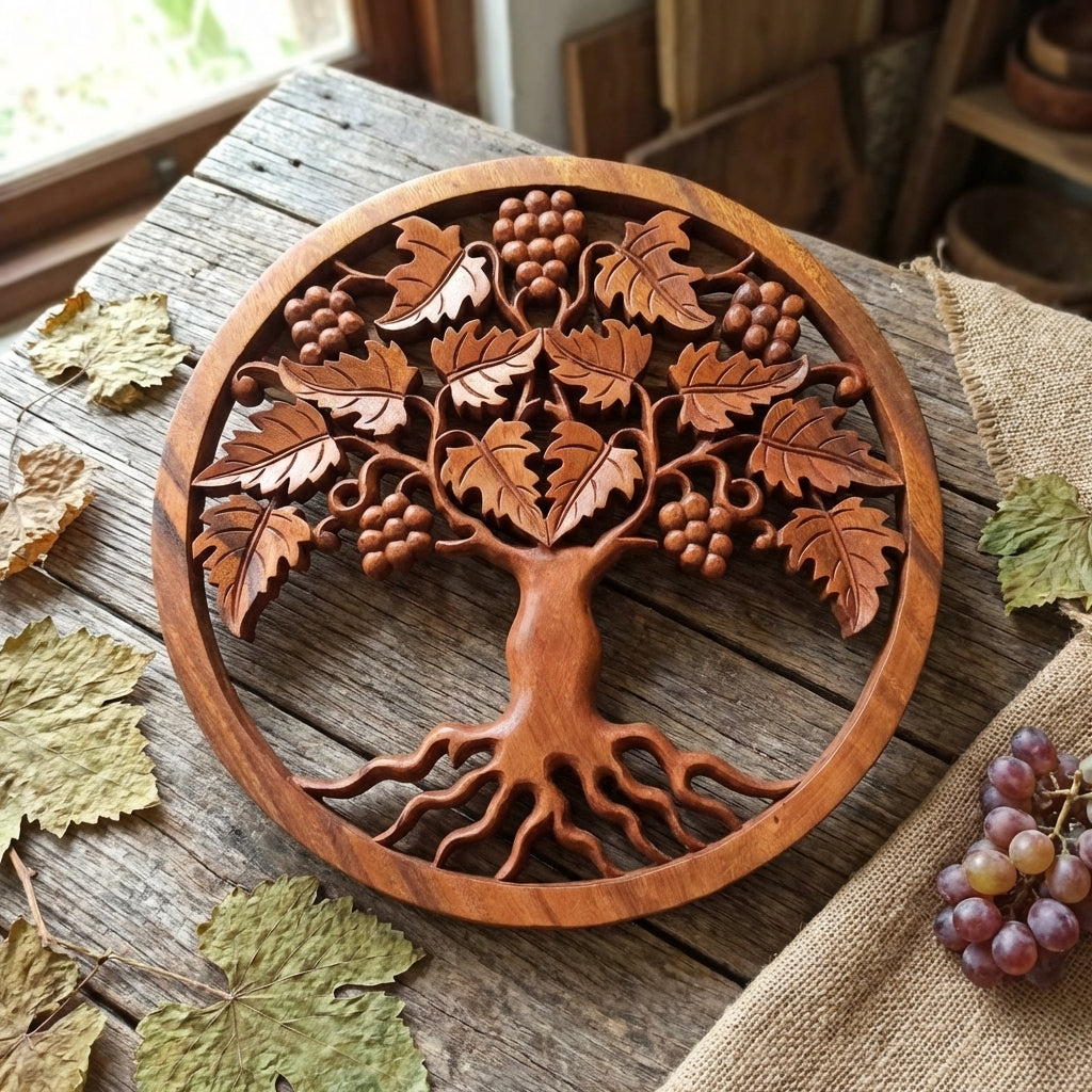 Panneau Mural Arbre de Vie "Raisins" en Bois de Suar – 40 cm