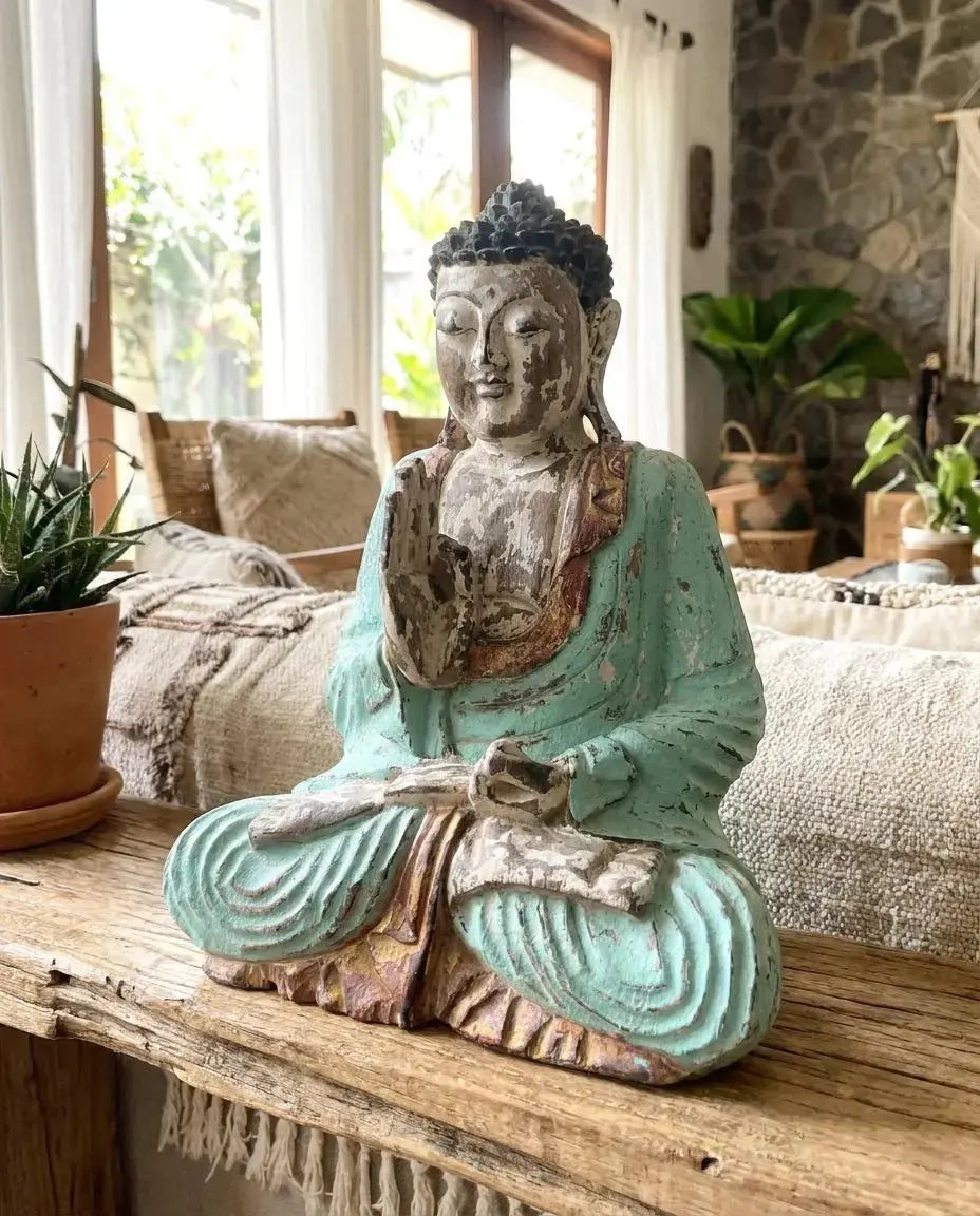 Statue Bouddha Vitarka Mudra Vintage Turquoise 30 cm – Bois de Suar Bali AWGifts Dropship