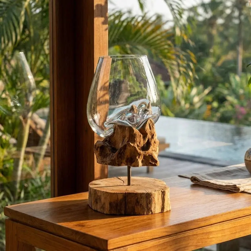 Verre en Fusion sur Bois de Gamal avec Support – Grand Bol - Pièce Unique Artisanale Bali AWGifts Dropship