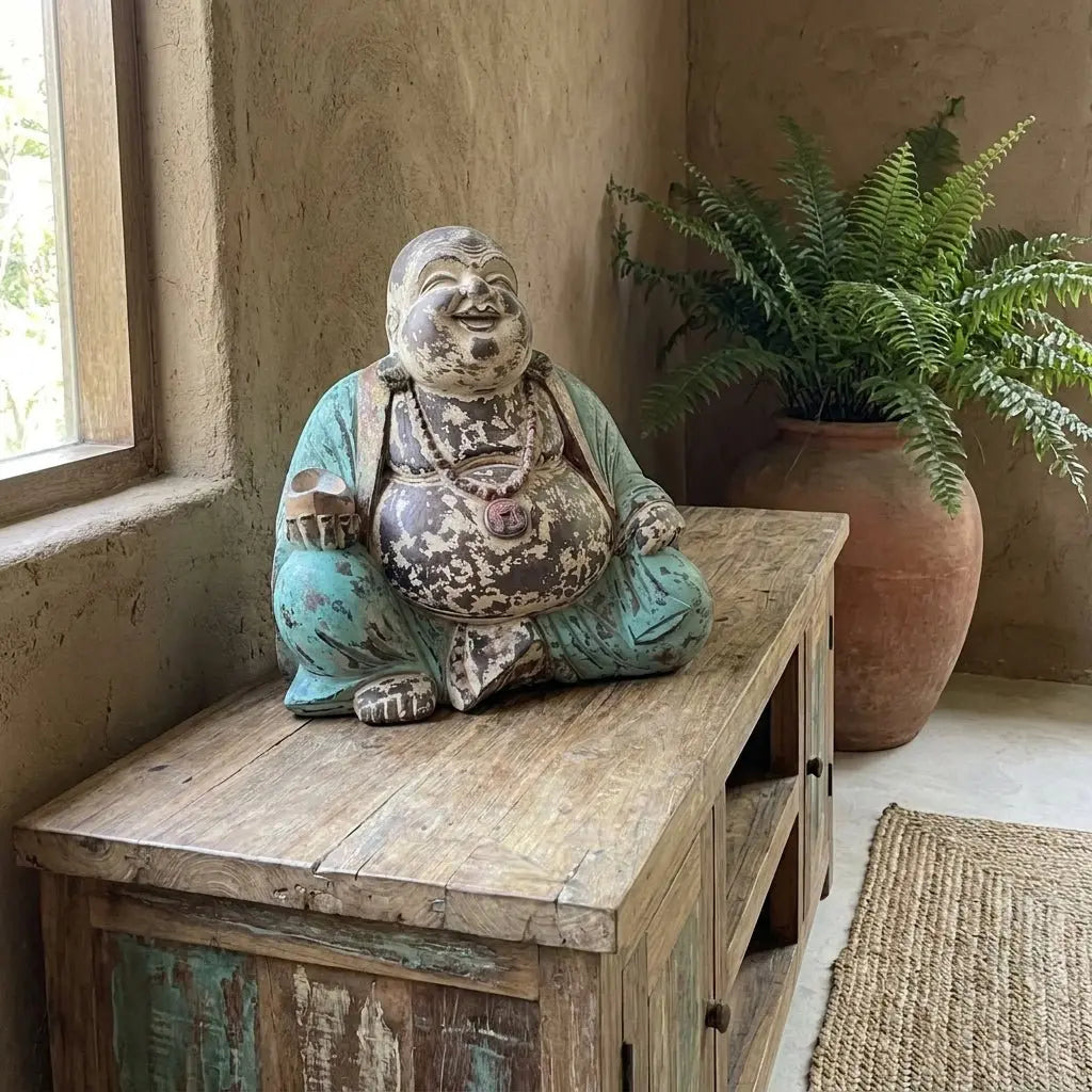 Statue de Bouddha Rieur vintage en Bois de Suar Massif – Sculpture Artisanale (40 cm, 5 kg)