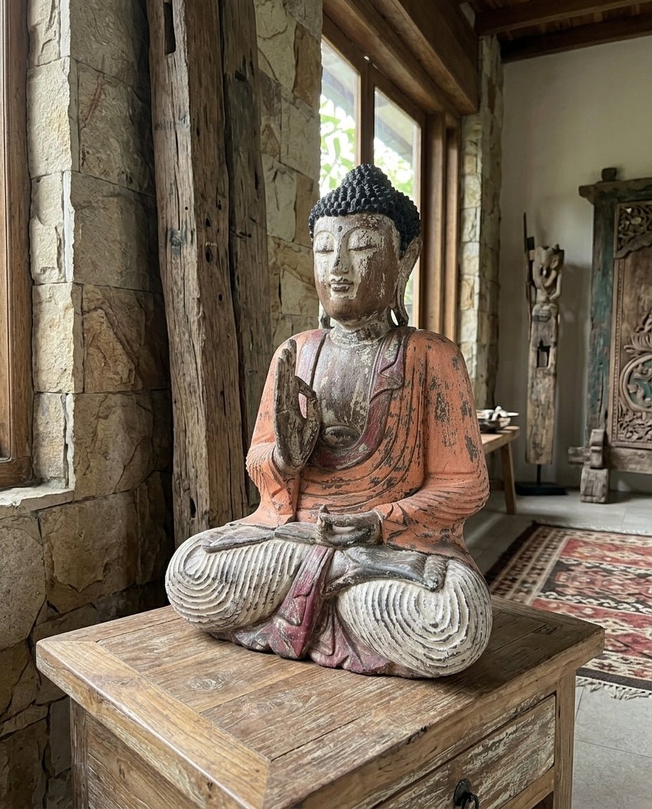 Kézzel faragott vintage narancssárga Buddha-szobor – 60 cm – Tanítás átadása