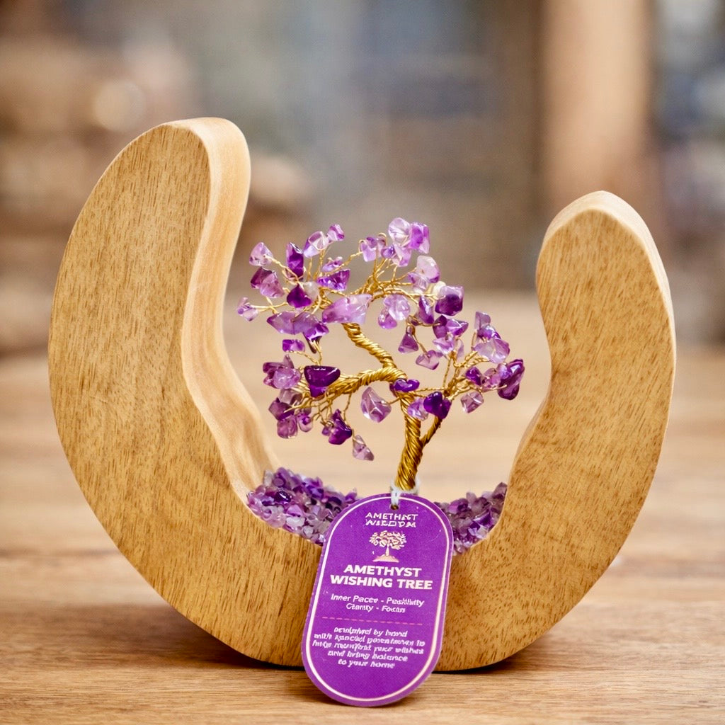 Arbre de vie en améthyste naturelle — 320 g — Bois de manguier et éclats de quartz violet