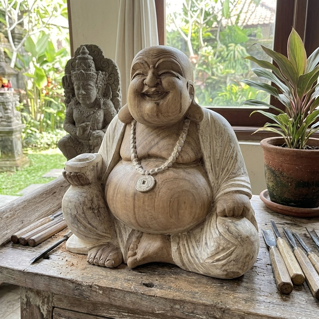 Statua di Buddha che ride 40 cm in legno di Suar – Finitura sbiancata a calce (Artigianato balinese)