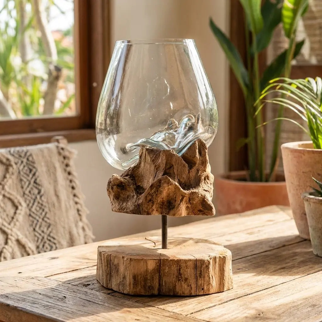 Verre en Fusion sur Bois de Gamal avec Support – Grand Bol - Pièce Unique Artisanale Bali