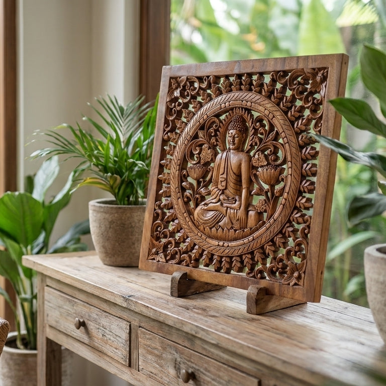Panneau Décoratif Carré Bouddha en Bois de Suar Sculpté à la Main – 40x40 cm