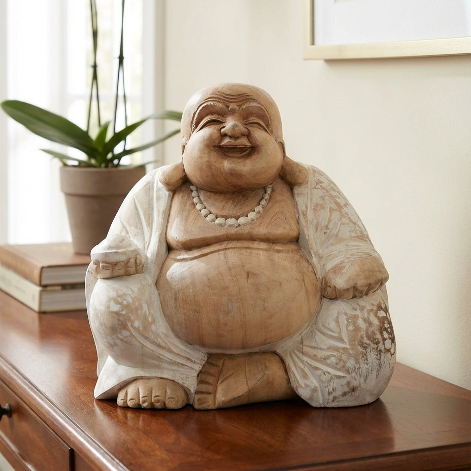 Statue Bouddha Rieur Assis en Bois de Suar - 30 cm - Finition Blanchie