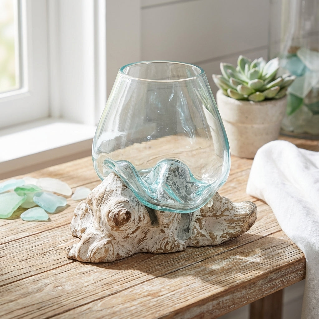 Grand Bol en Verre en Fusion sur Bois Blanchi - Pièce Artisanale Balinaise