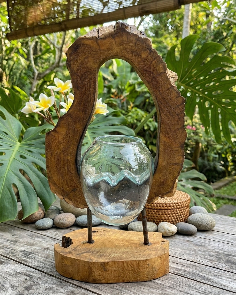 Vase Suspendu en Verre Soufflé à la Main sur Bois de Gamal – Pièce Unique Artisanale Bali