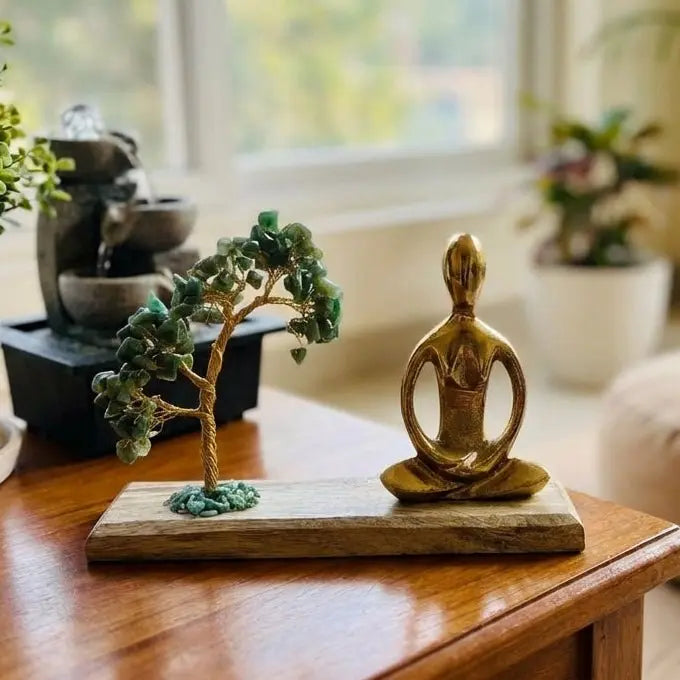 Jardin Zen en Aventurine Verte – Arbre de Vie & Figurine Yoga Padmasana AWGifts Dropship