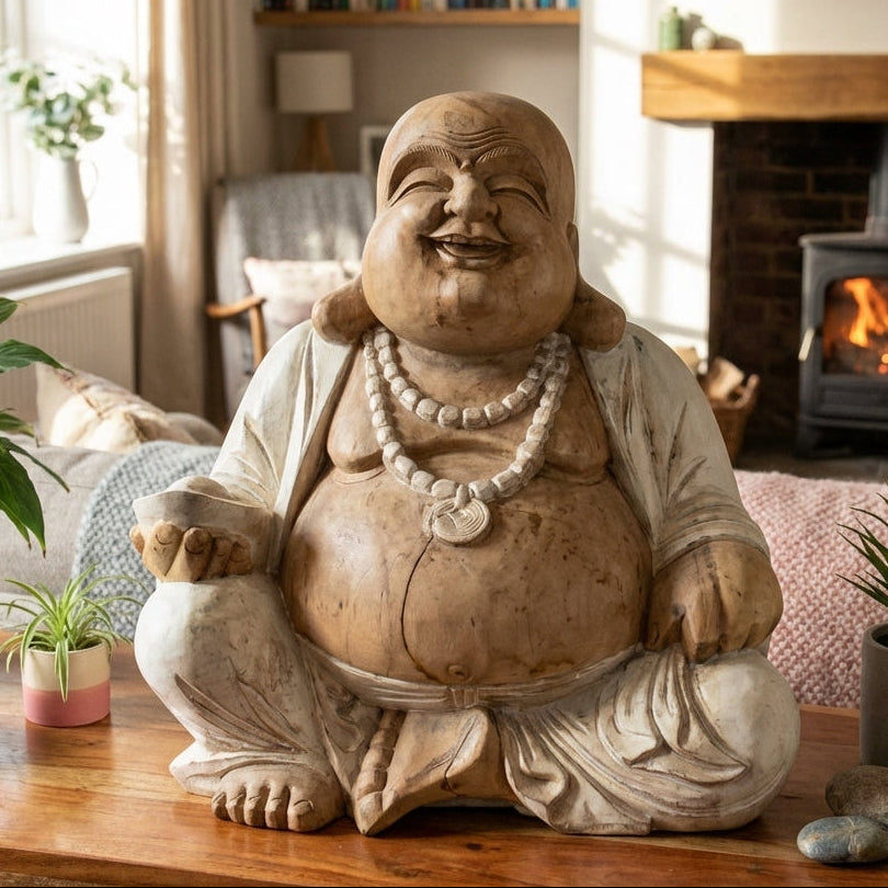 Statue de Bouddha sculptée à la main – 50 cm – Bouddha Rieur – Blanc vieilli - Karmic Artisan