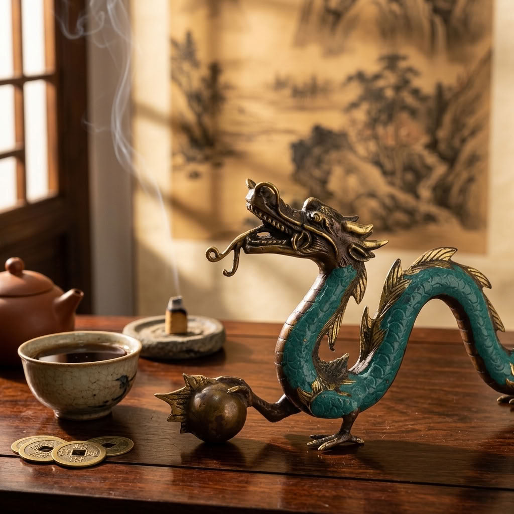 Dragon chinois en laiton fait main – Sculpture Feng Shui 20 cm