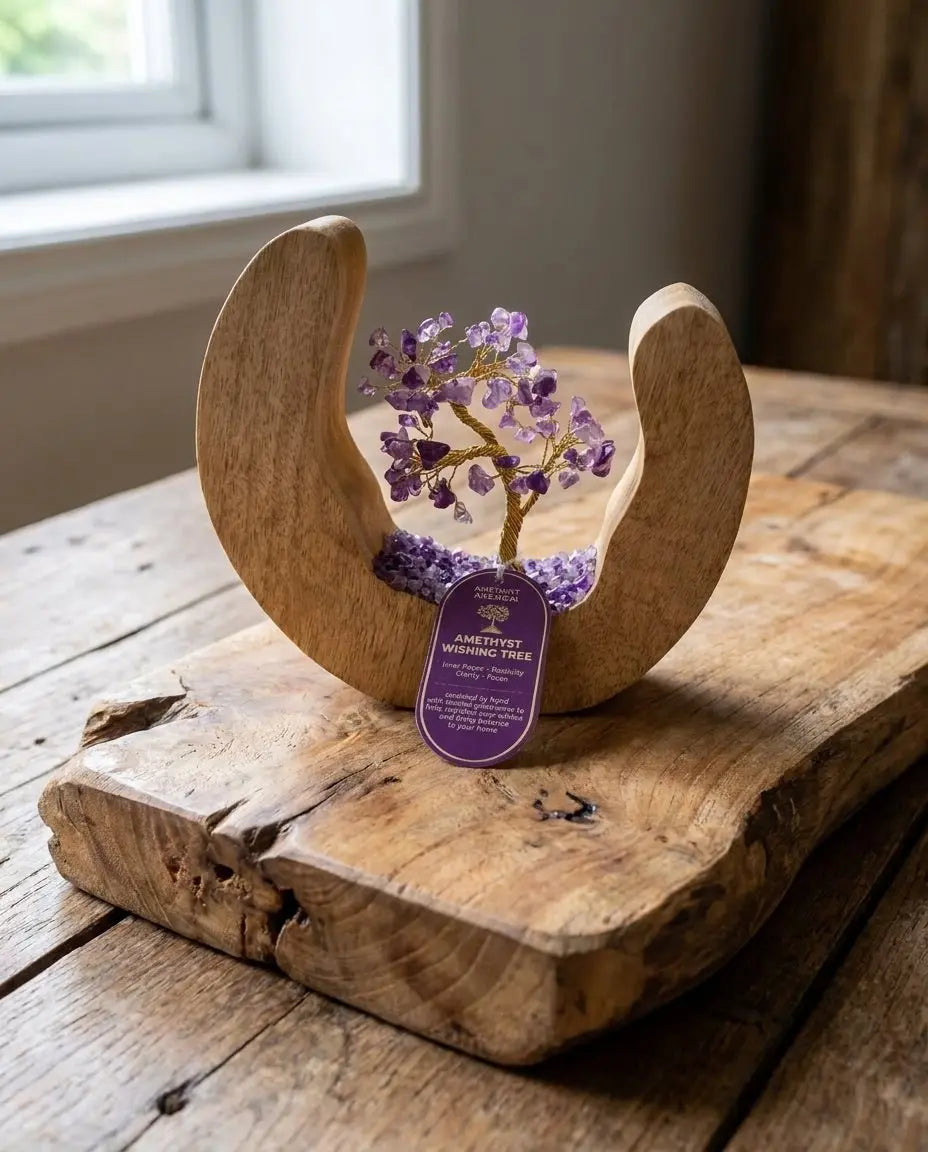 Arbre de vie en améthyste naturelle — 320 g — Bois de manguier et éclats de quartz violet