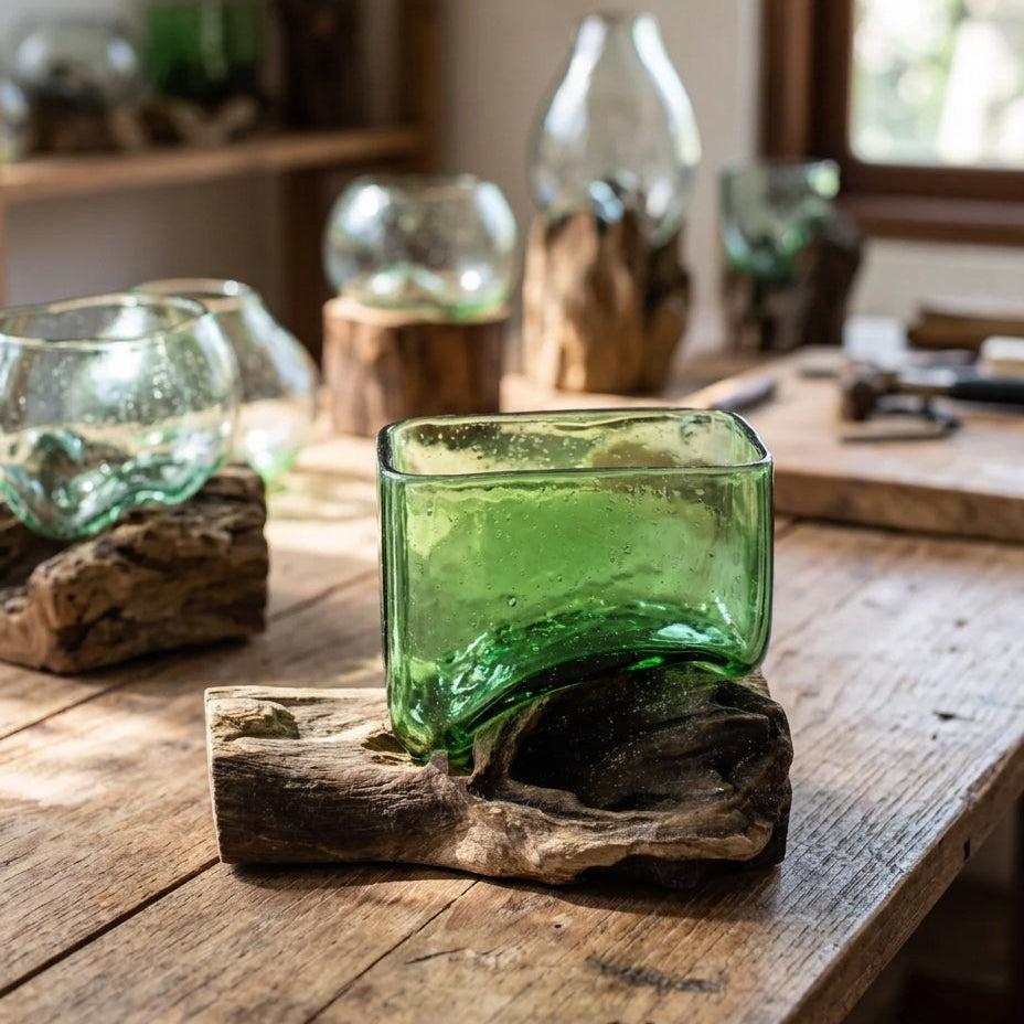 Bol carré en verre recyclé sur bois de Gamal – 250 ml