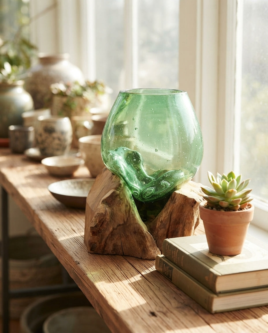 Petit Bol en Verre Recyclé sur Bois – Bouteille de Bière Recyclée – 18 cm