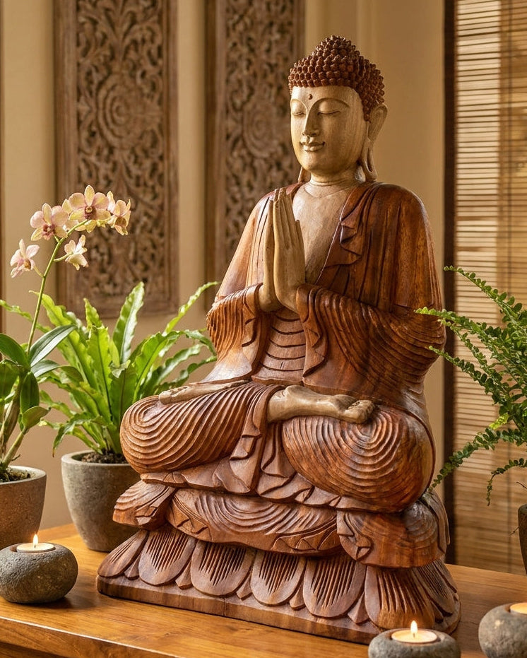 Statue de Bouddha Sculptée à la Main en Bois de Suar – 80 cm (22,5 kg) – Posture de Bienvenue