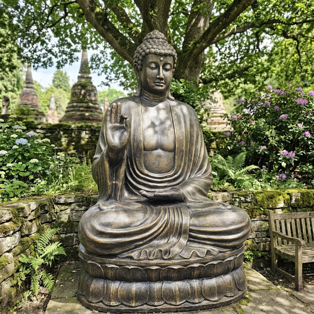 Kultainen jättiläismäinen Buddha-patsas 200 cm – opetusta antava Buddha lootuskukalla