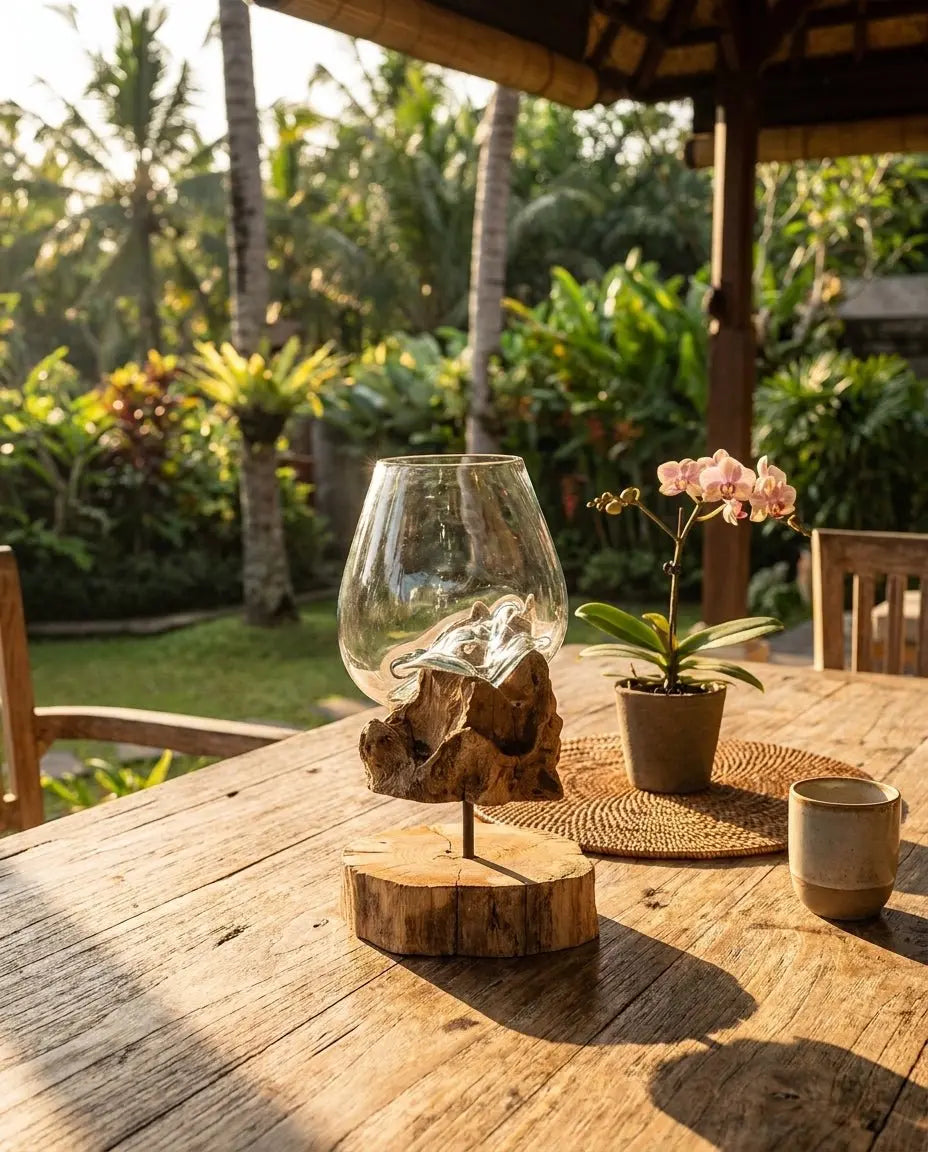 Verre en Fusion sur Bois de Gamal avec Support – Grand Bol - Pièce Unique Artisanale Bali AWGifts Dropship