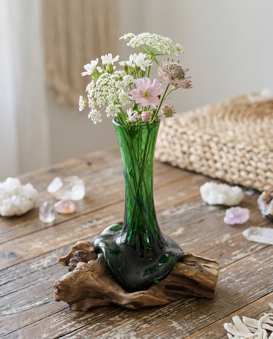 Vase en verre vert recyclé posé sur un support en bois Gamal naturel, remplit de fleurs.