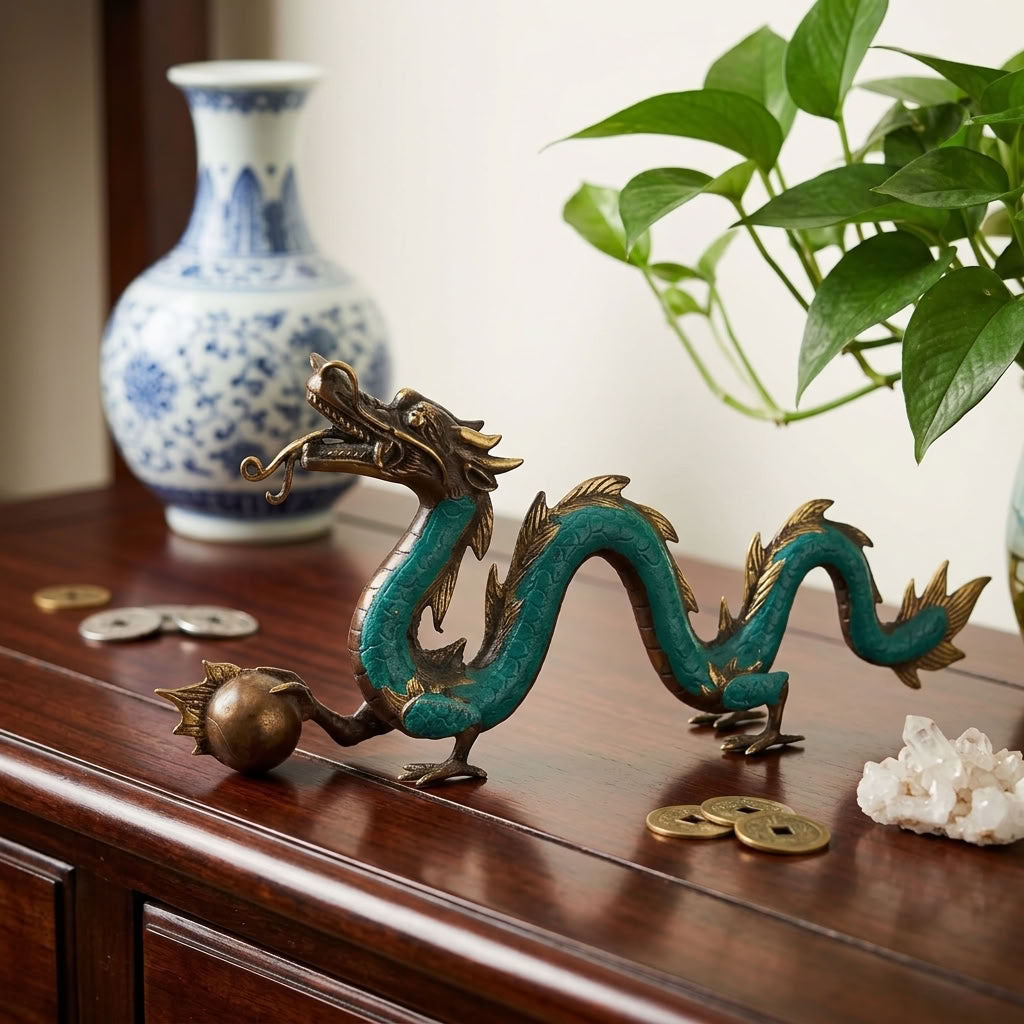 Dragon chinois en laiton fait main – Sculpture Feng Shui 20 cm