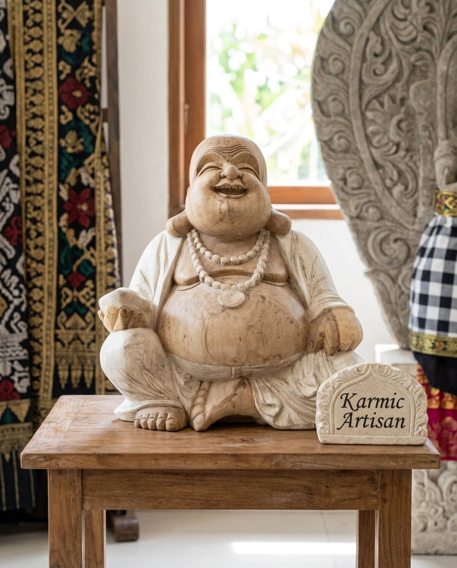 Statua di Buddha che Ride Monumentale in Legno di Suar - 50 cm - Artigianato Balinese - 18kg