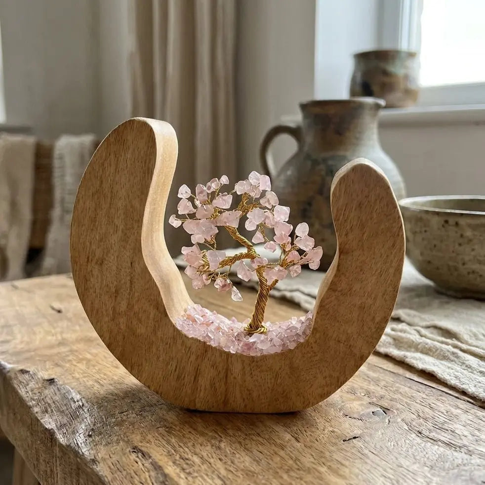 Arbre de vie quartz rose sur anneau ouvert bois de manguier 60 pierres