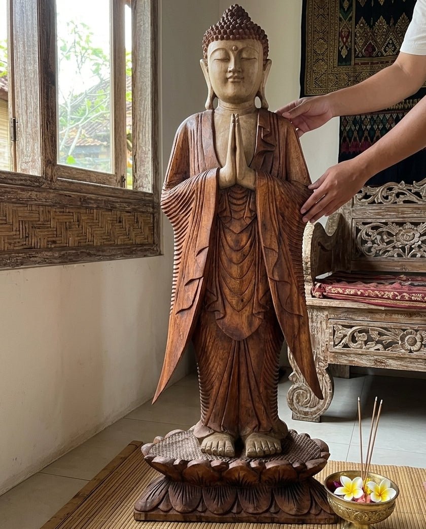 Kézzel faragott Buddha-szobor – 100 cm – Namaszté Buddha