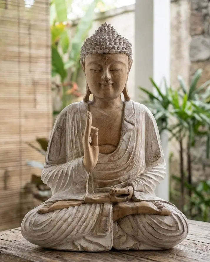 Statue Bouddha Assis 40 cm en Bois de Suar – Vitarka Mudra, Finition Blanchie à la Chaux (Artisanat Bali)