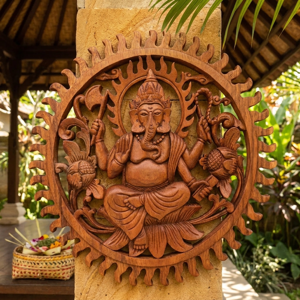 Panneau Mural Ganesha Sculpté à la Main en Bois de Suar - 40 cm - Karmic Artisan