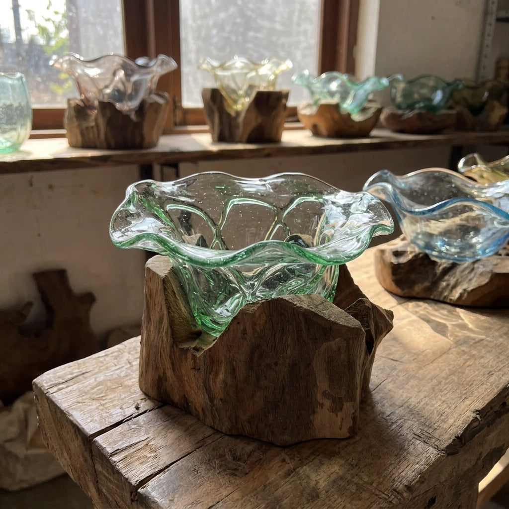 Grand bol décoratif en bouteille recyclée fondue sur un socle en bois de Gamal fabriqué à la main