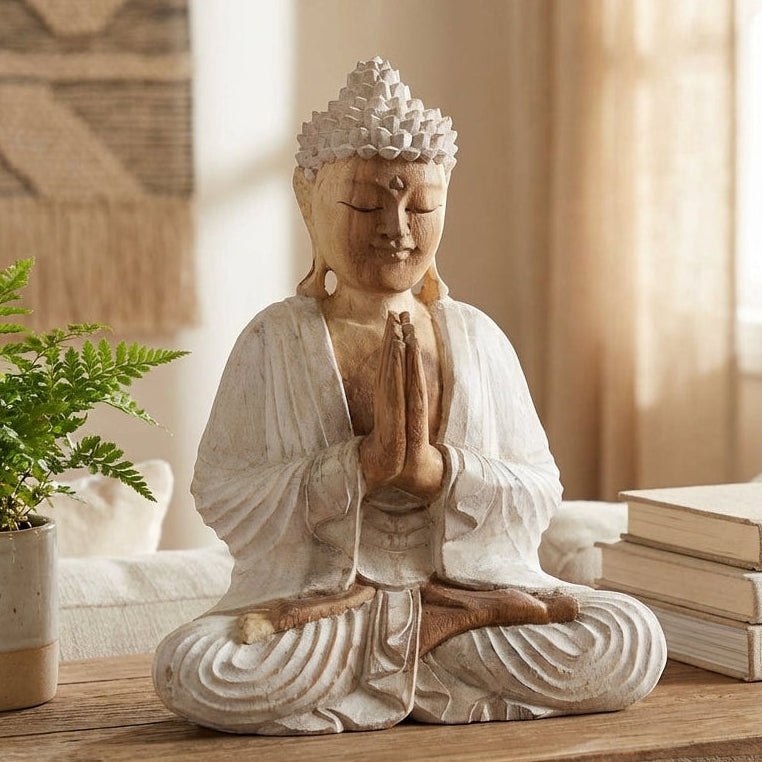 Handgeschnitzte Buddha-Statue – 30 cm – Weiß getüncht