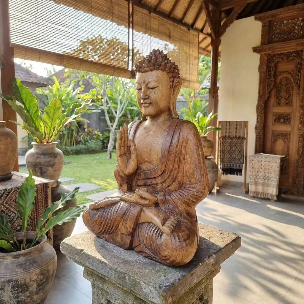 Statue de Bouddha Sculptée à la Main en bois de Suar - 40 cm - Transmission d’Enseignement AWGifts Dropship