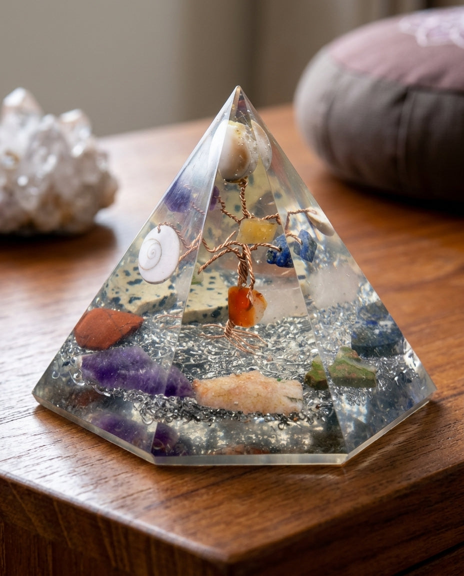 Orgonitová pyramida se 7 stěnami, stromem života a barevnými kameny