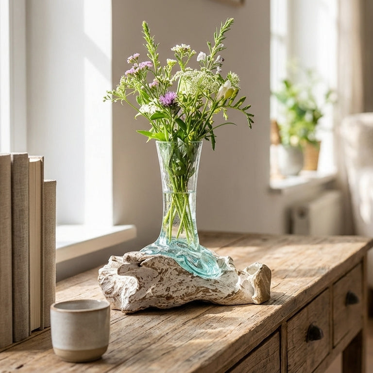 Vase en Verre en Fusion sur Racine de Gamal Blanchie - Pièce Artisanale Balinaise (24 cm)