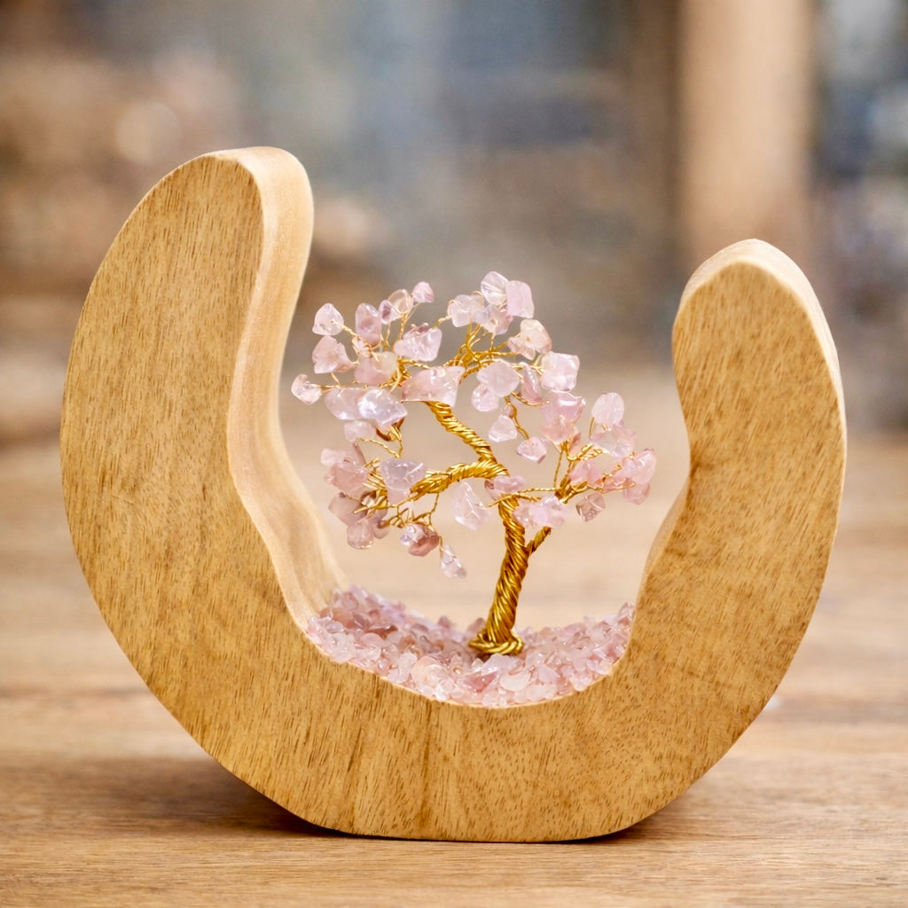 Jardin d’arbres en quartz rose (60 éclats) — anneau ouvert en bois de manguier